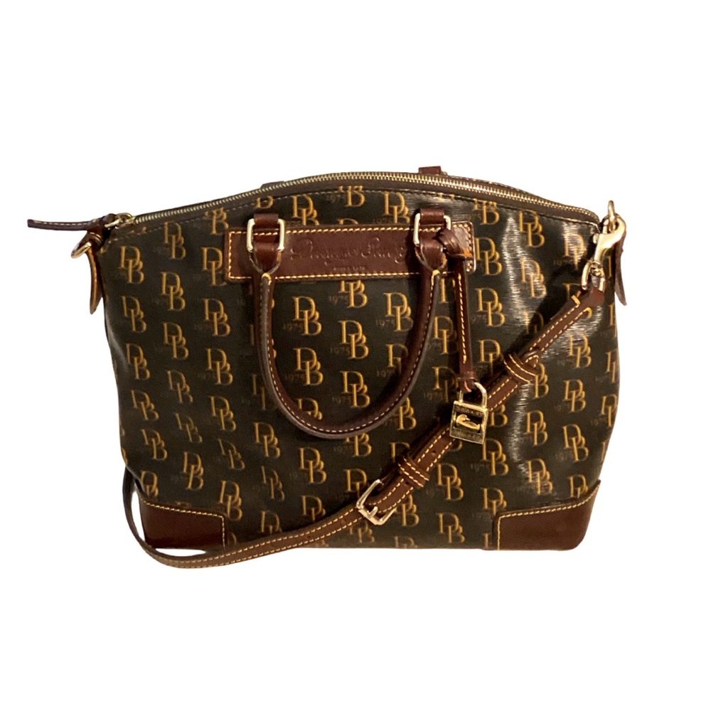 Dooney & Bourke Monogrammed Brown Vanessa Florentine Vacchetta Leather Satchel